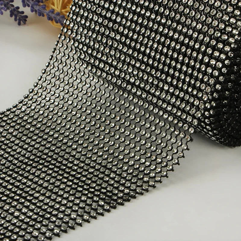 1 Yard Silver Round 24 Rows Black Base Sparkle Rhinestone Crystal Diamond Mesh Wrap Roll Ribbon