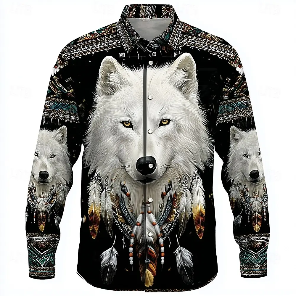 

Men's Wolf Dream Catcher Ethnic Shirt Vintage 3D Printed Shirt Button Up Shirt Casual Long Sleeve Shirt Street Blouse For Mens