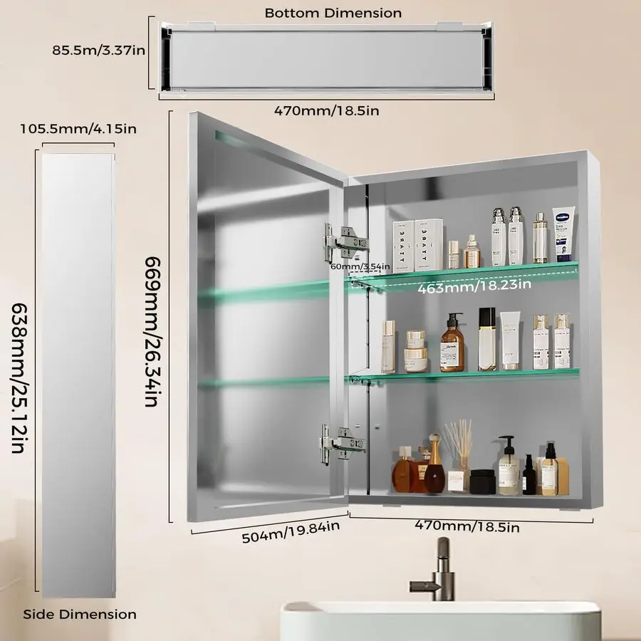 x 26-Zoll-Badezimmer-Medizinschrank mit verspiegelter Tür mit abgeschrägter Kante, Medizinschrank, Badezimmerspiegelschrank, Heim-Medizinkabine