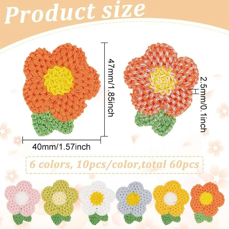 60Pcs 6 Colors Crochet Flowers Applique 1.8x1.5 inch Crochet Floral Applique Patches Sew on Floral Patch Embellishment Handmade