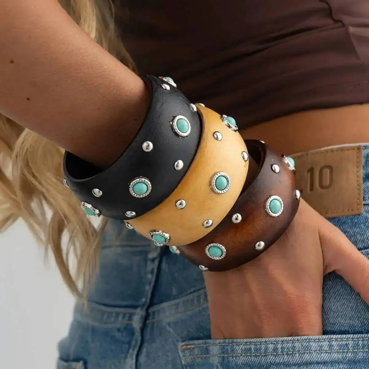 

KunJoe Vintage Irregular Hyperbole Wooden Cuff Bangles Women Punk Round Geometric Wide Inlaid Turquoise Bracelets Chunky Jewelry