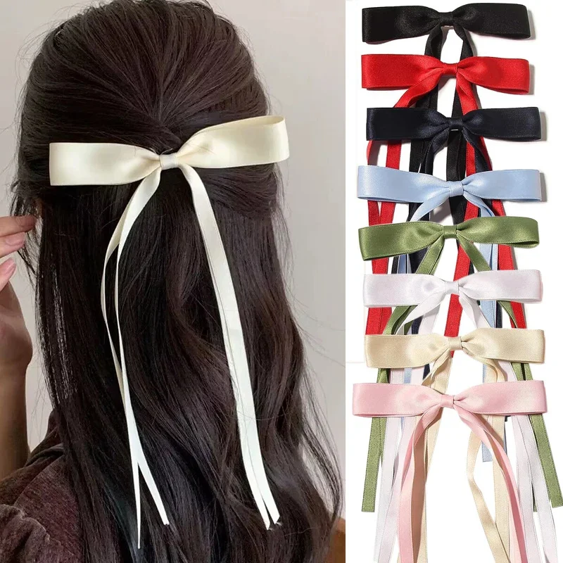 New Elegant Satin Long Tassel Ribbon Clips Women Vintage Simple Bow Hairpins Barrettes Korean Fashion Hair Accessories Gift