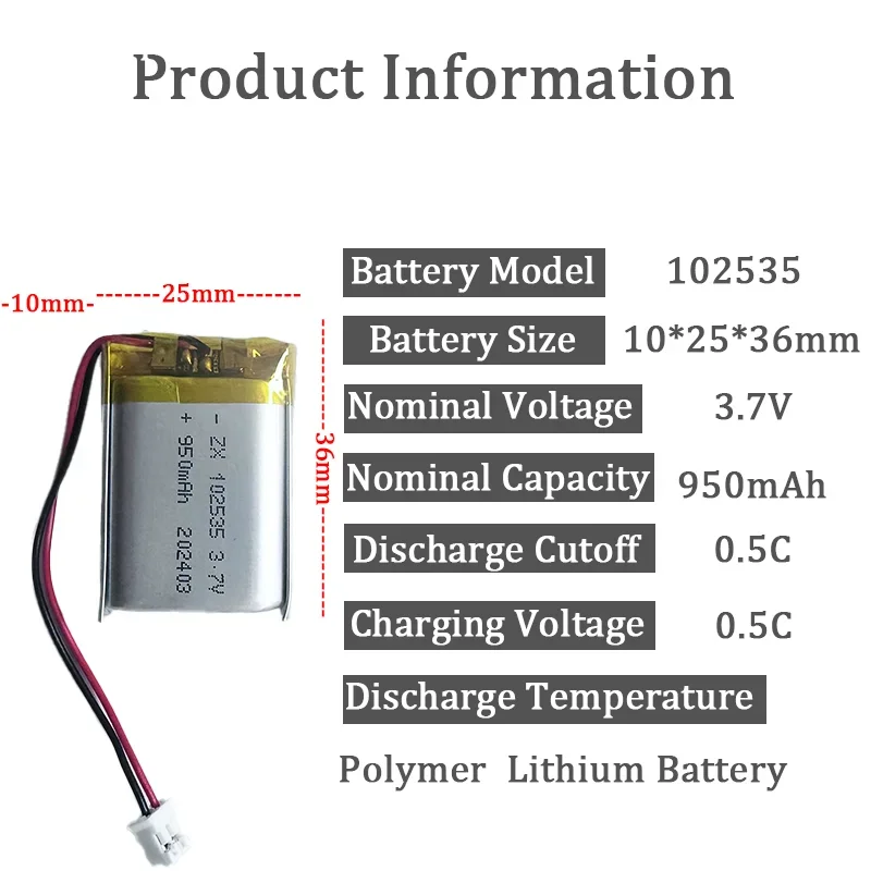 New Polymer 102535 Lithium Battery 3.7V 950mAh Li-polymer Ph2.0 2P Plug 1A Working/Discharge Current TOYGPSmp3mp4 POWER BANK