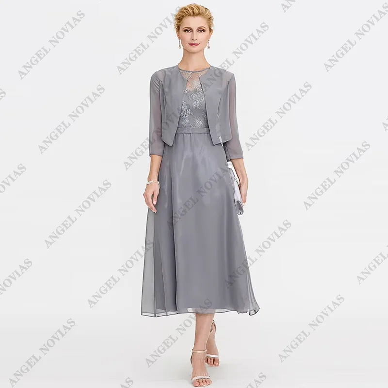 

Customized Two Piece A-Line Mother of the Bride Dress Wedding Guest Elegant V Neck Tea Length Chiffon elegant party dress 2024