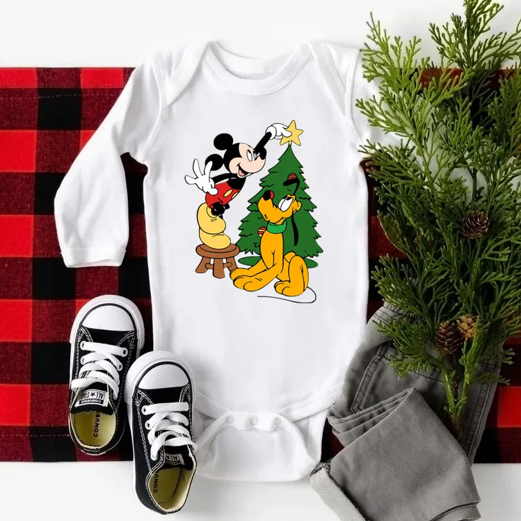 جميل عيد الميلاد ميكي ماوس الطفل ارتداءها طويلة الأكمام القطن الأبيض الخريف الملابس الوليد بذلة