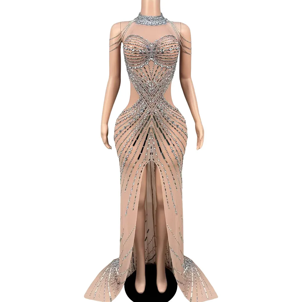 

Luxury Fashion Sparkly Rhinestones Sheer Mesh Fringes Long Dress Birthday Party Queen Dress Event Women Photo Shoot Stage Wear