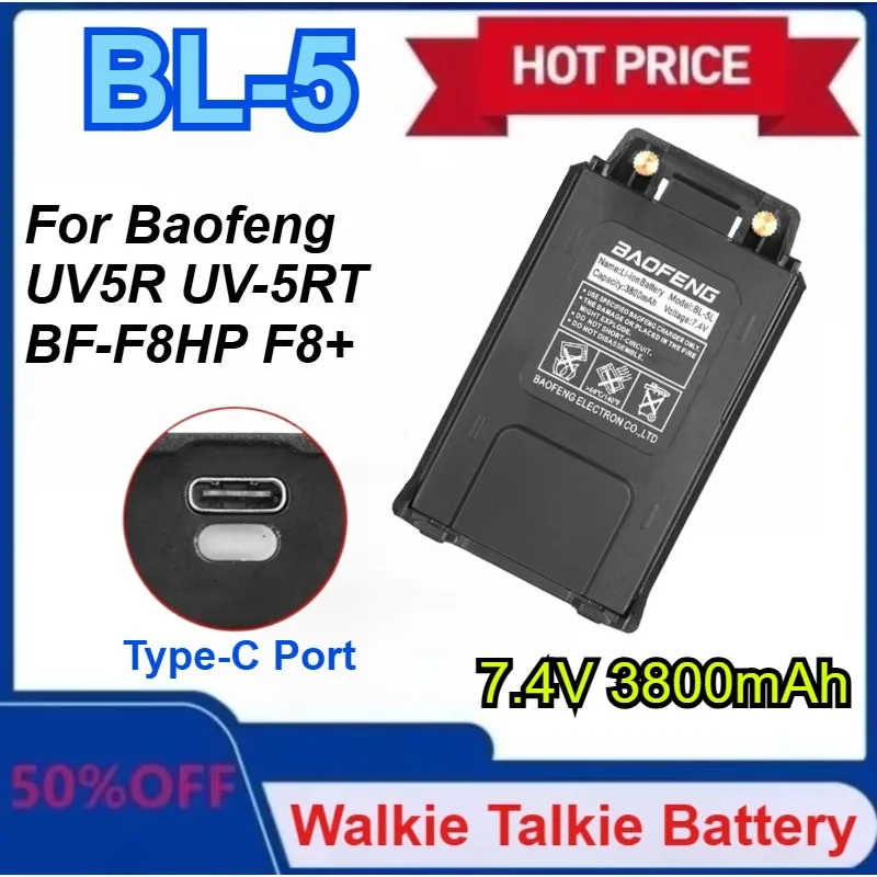 

New BL-5 for Baofeng UV-5R Series Walkie Talkie Li-ion Battery 3800mAh Type-C for UV5R UV-5RT BF-F8HP F8+ Two Way Radios