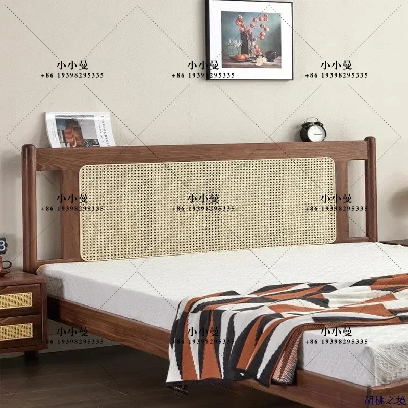 Nordic Black Walnut Rattan Bed Solid Wood Modern Simple 1.8m Retro Master Bedroom Double Bed New Chinese Style Furniture