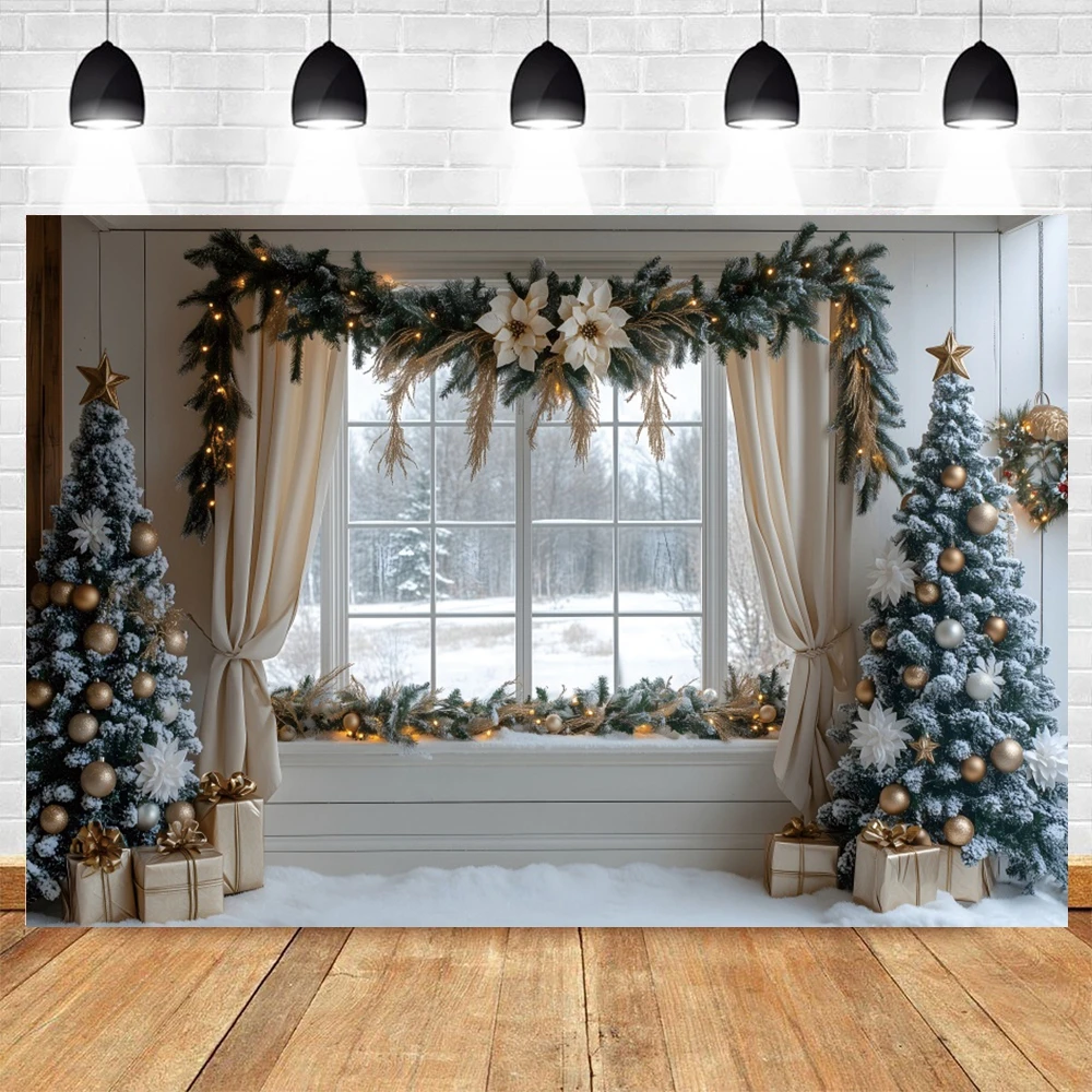 Winter Christmas Photography Backdrop Snow Window Curtain Christmas Tree Kids Family Party Portrait Decoration Photo Background