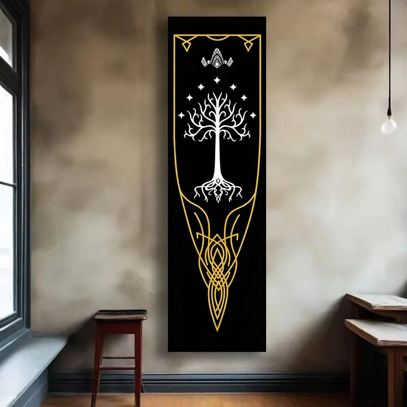 VIKAMA Elven Ring Flag Of Gondor, Black And Gold Medieval-Style Walls With Flags Hanging On Them, Home Furnishings