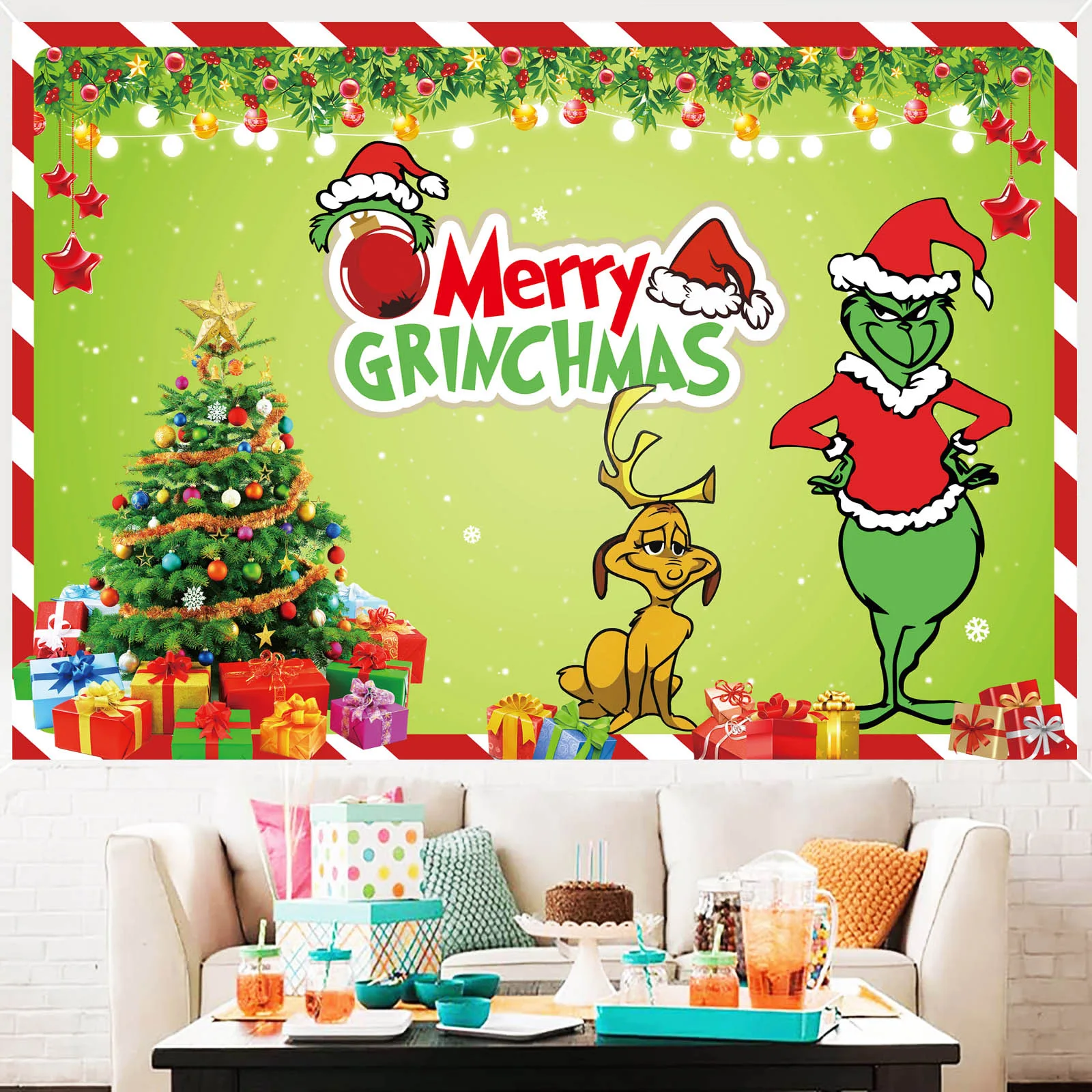 Weihnachten grinchs grün Pullover Thema Geburtstags feier Einweg geschirr Platte Ballon Banner Hintergrund Dekoration liefert