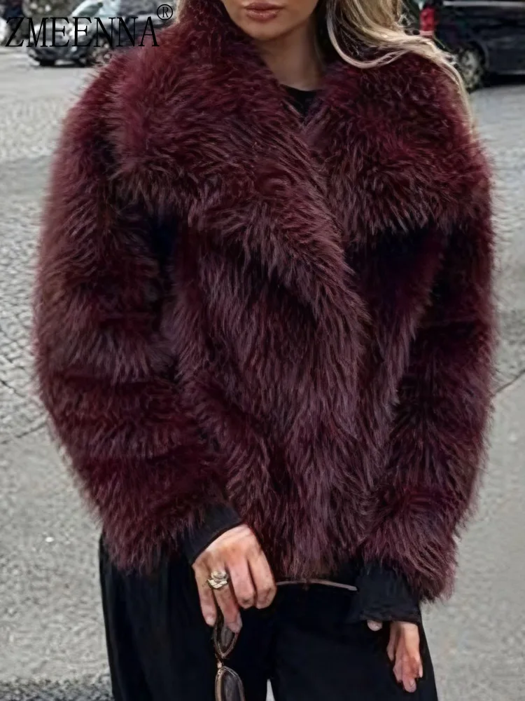 

ZMEENNA Women's Burgundy Faux Fur Jacket Shaggy Coat Warm Outerwear Winter Fashion Oversized Plush Cardigan Casual ZM4106