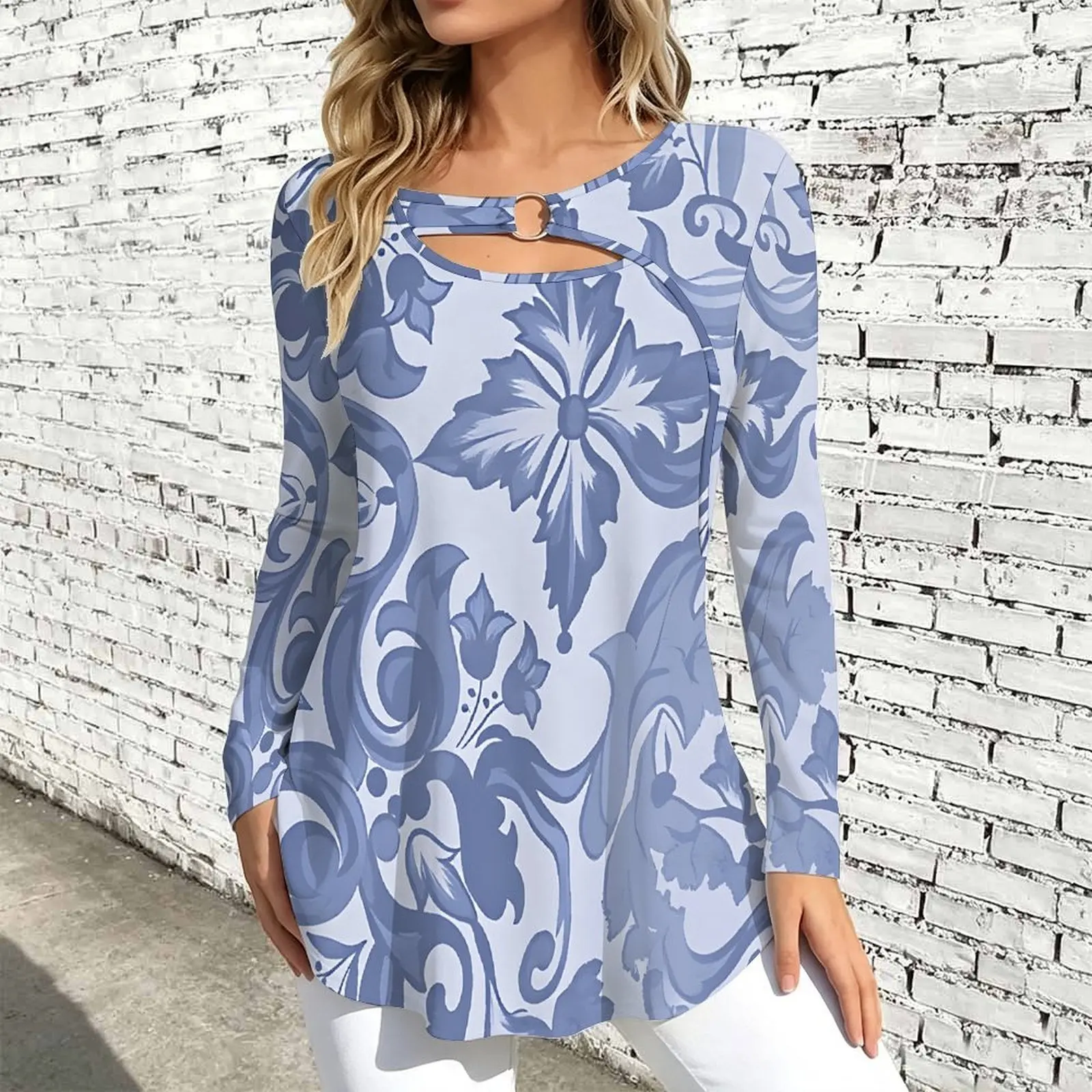 Keyhole Ring Neck Long Sleeve Flared Hem Printed Top for Women