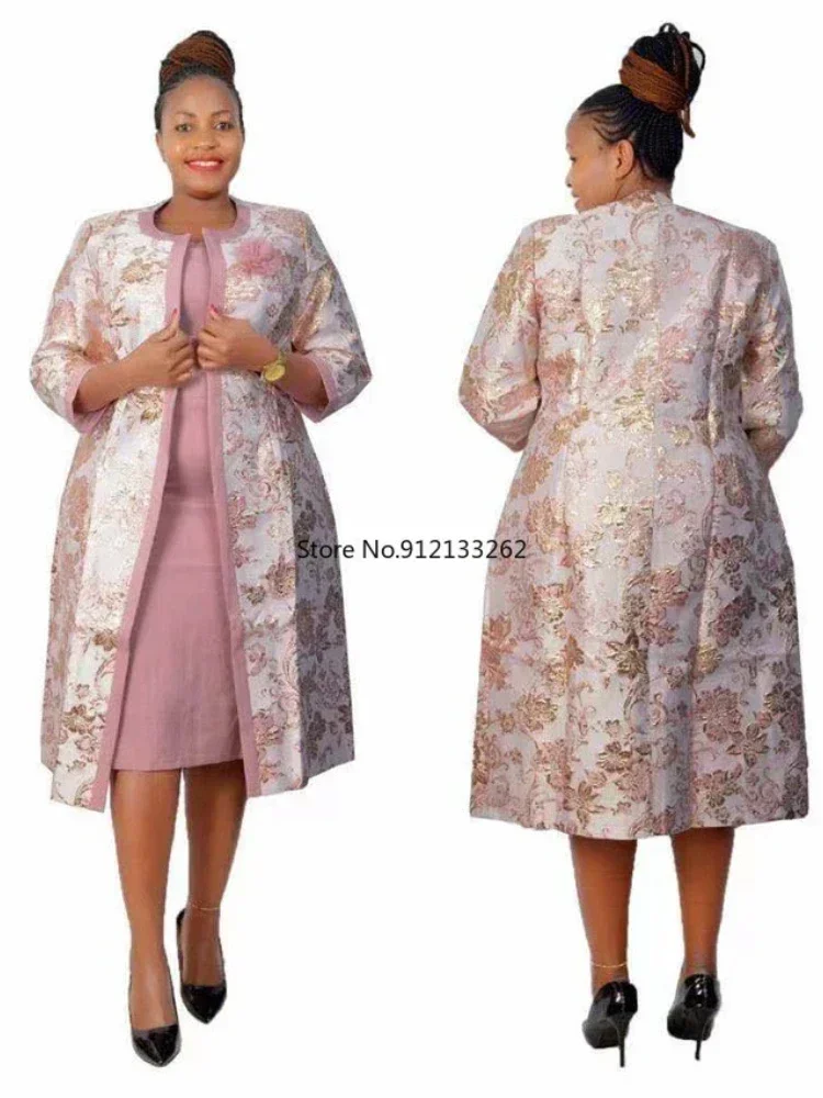 2 Piece Set long Coat and Dress Christmas African Midi Dresses Women Dashiki Bazin Riche African Clothing Dresses Africa Clothes image 6