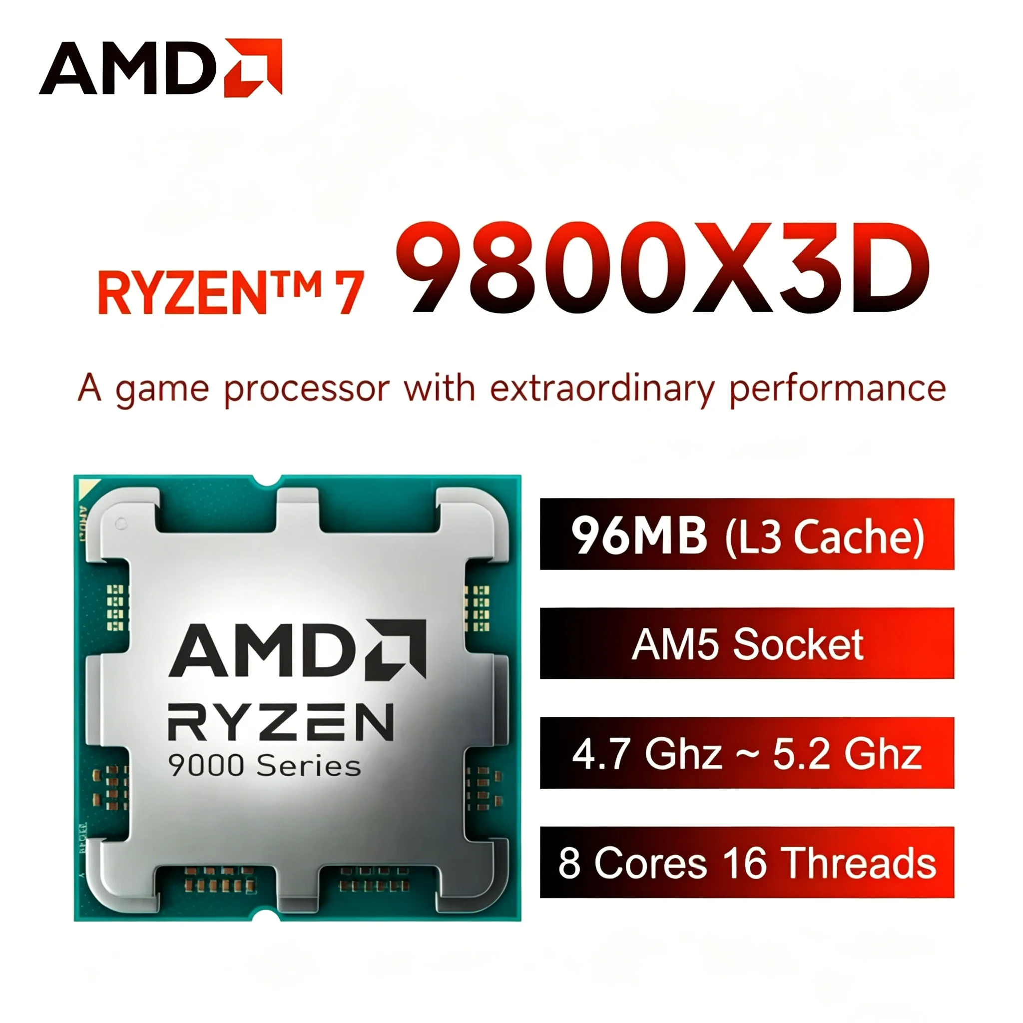 

New AMD Ryzen 7 9800X3D R7 9800X3D 4.7GHz 8 Core 16 Thread CPU Processor 96MB L3 Cache 4NM DDR5 Socket AM5 120W Without Fan