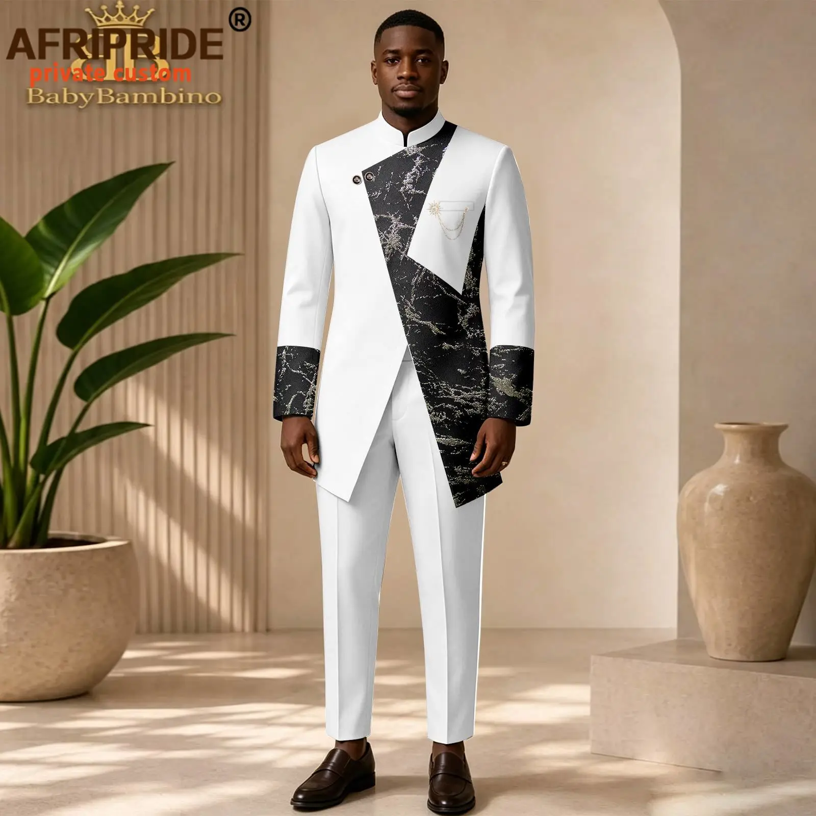 Men`s Business Suit Stand Collar Applique Two Button Brooch Blazer and Trousers Set for Men African Clothes Dashiki Wear 2616144