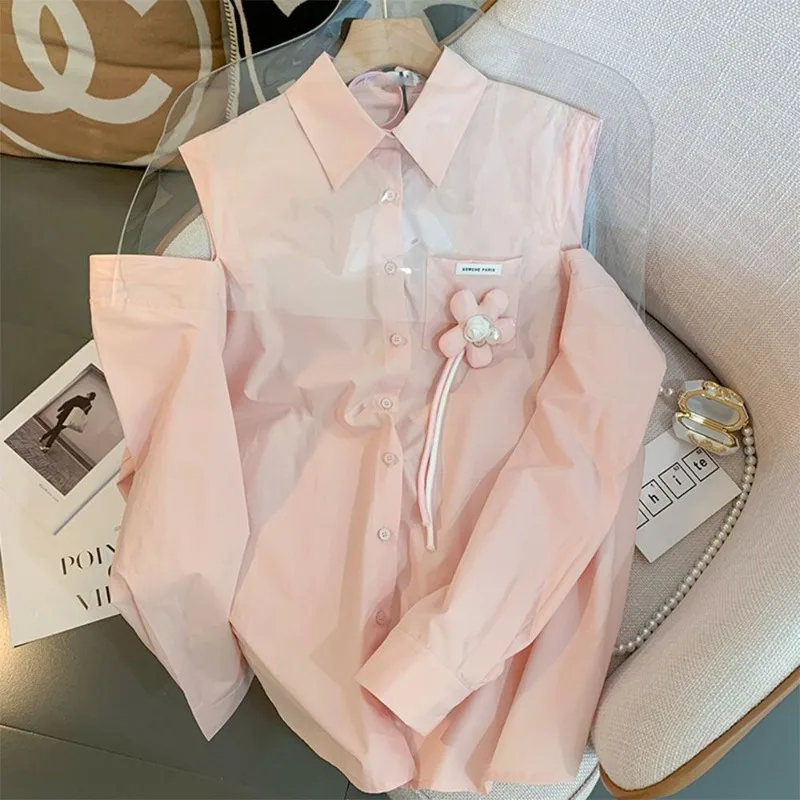 

EBAIHUI Pink Polo Neck Sunscreen Women Shirt Autumn New Loose 3D Flower Design Ladies Blouse Casual Off Shoulder Blusas Top