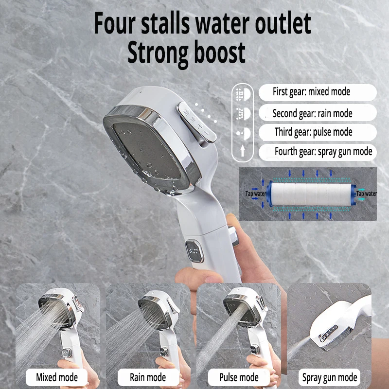 4 Modes High Pressure Shower Head With Switch On Off Button Sprayer Water Saving Adjustable Shower Nozzle Filter For Bathroom
