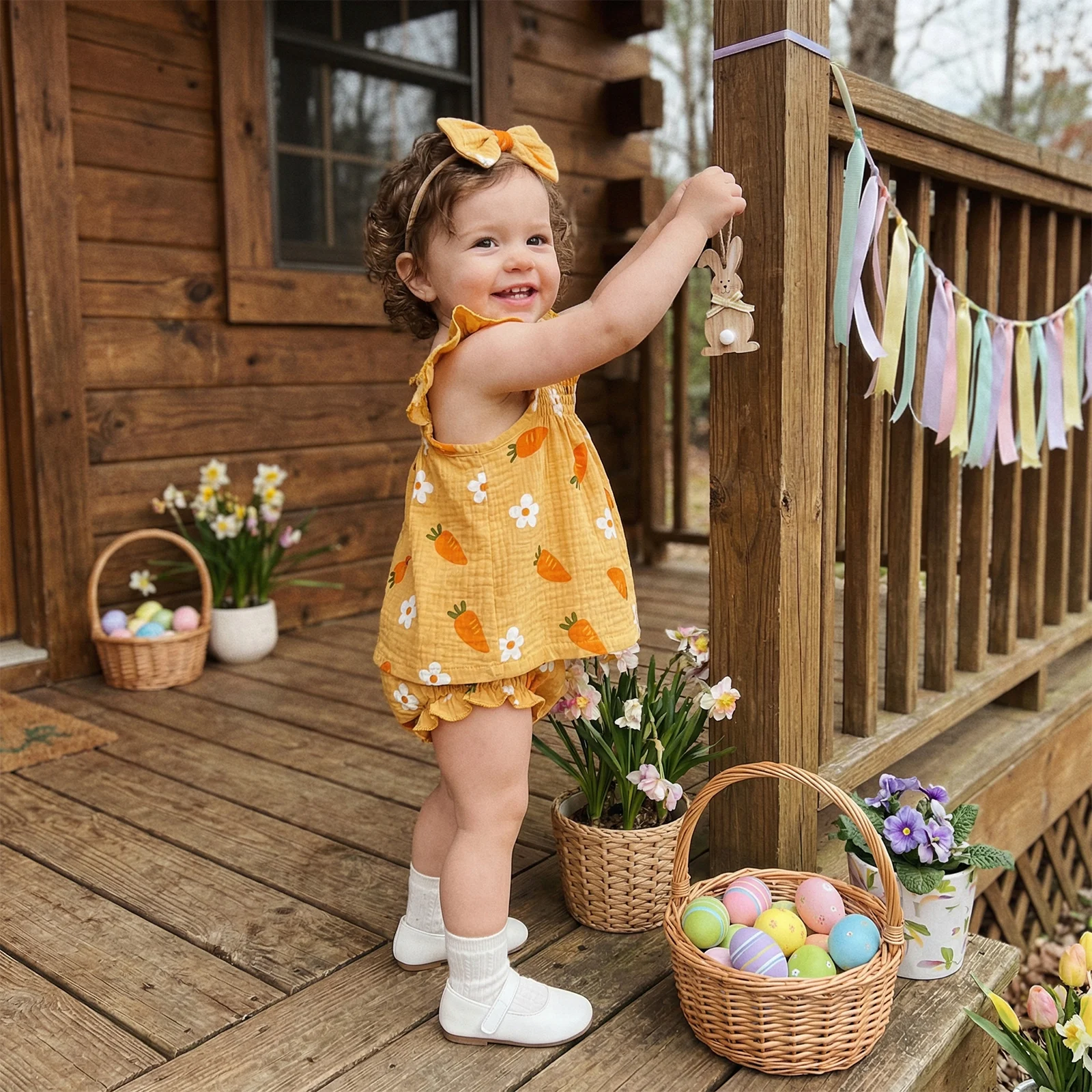 

Пасхальные наряды для маленьких девочек, топы с квадратным вырезом и принтом цветов и моркови, шорты с эластичной резинкой на талии, повязка на голову, комплекты одежды из 3 предметов