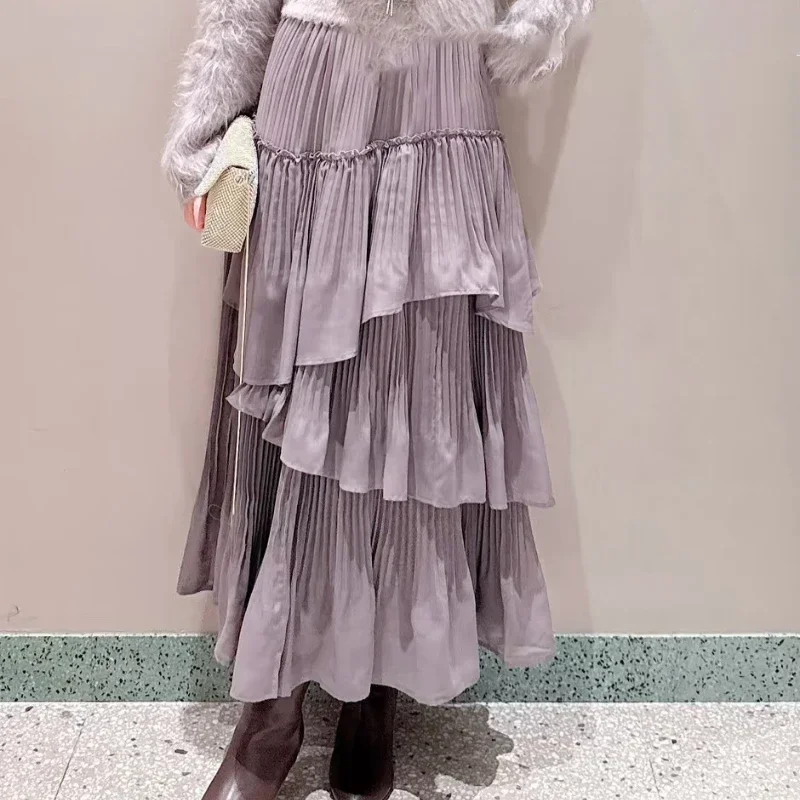 Irregular Ruffles Pleated Patchwork Design Cake Skirts Vintage High Waist Solid Casual Midi Robe 2024 Fall Winter Japan Faldas