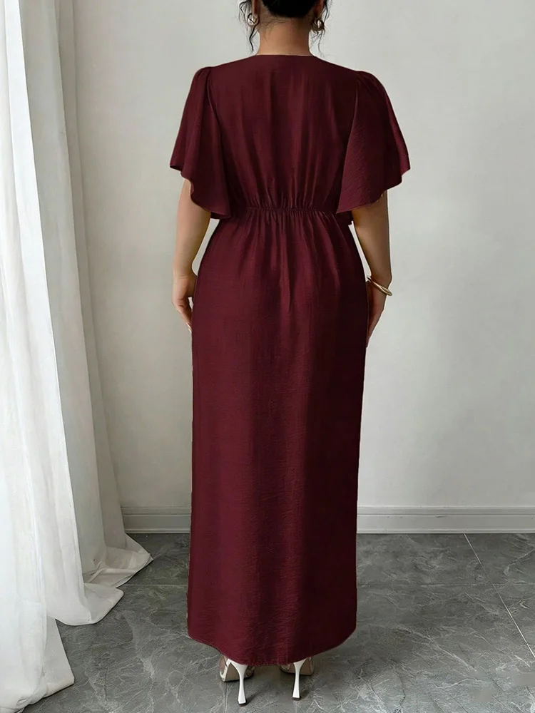 GIBSIE Plus Size Elegant V-Neck Butterfly Sleeve Summer Long Dress Women Solid Button Front High Waist Party Slit A-Line Dresses