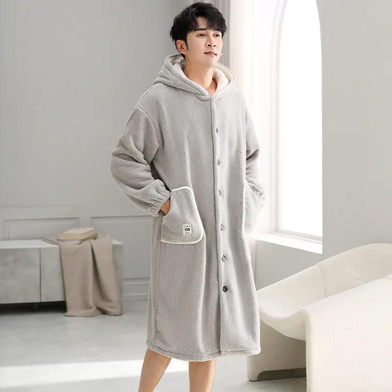 Men Hooded Winter Sleepwear Thicken Flannel Warm Plush Shower Robe Japanese Style Solid Men\'s Bathrobe Soft Male Night Gown