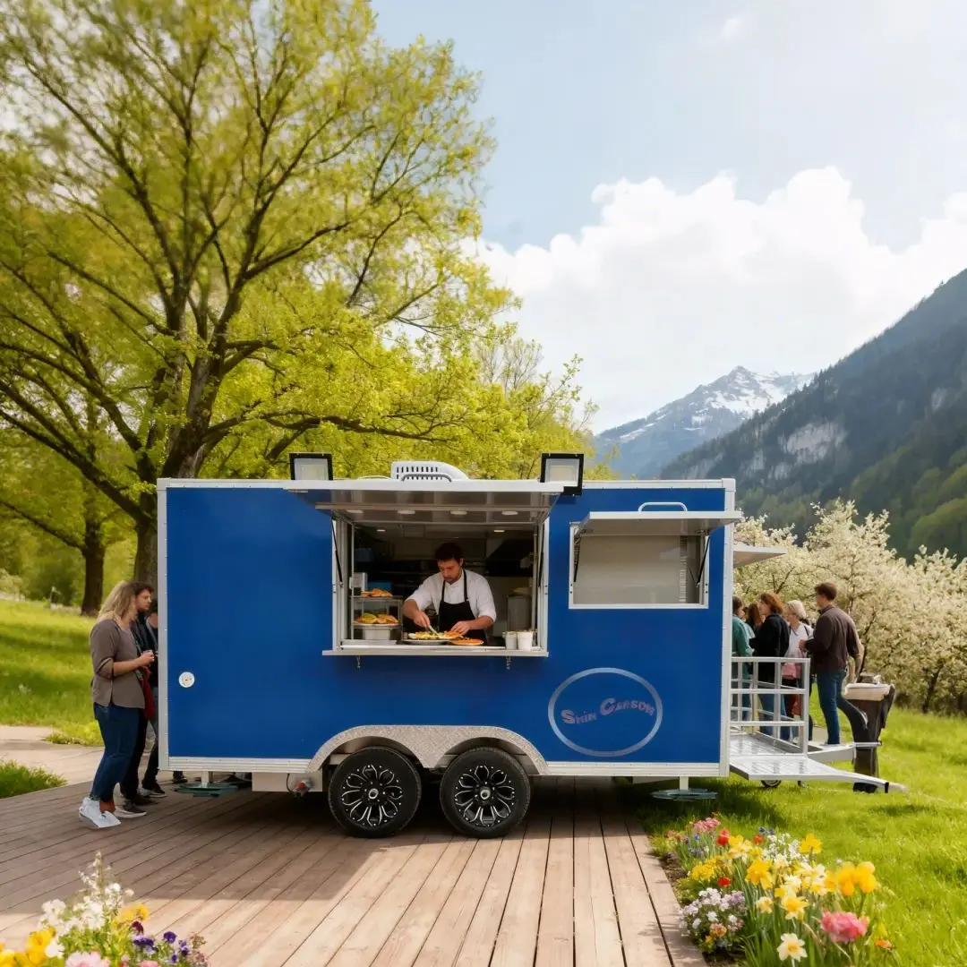 

Outdoor Food Trailer Main Body Blue with Silver Metal Borders Portable Kitchen Stand Catering Truck Customizable Mobile Kitchen