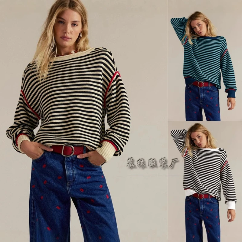 

Striped Pullovers Women Sweaters Knitted Tops Round Neck Autumn Winter Jumpers Y2k Streetwear Elegant Splice Knit Causal Loose