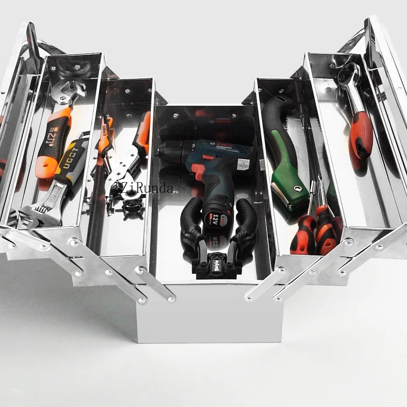 กล่องเครื่องมือกล่องเก็บสแตนเลสหลายชั้นฮาร์ดแวร์ในครัวเรือนกล่องเหล็กพร้อมล็อคกล่องเครื่องมือรถพับ