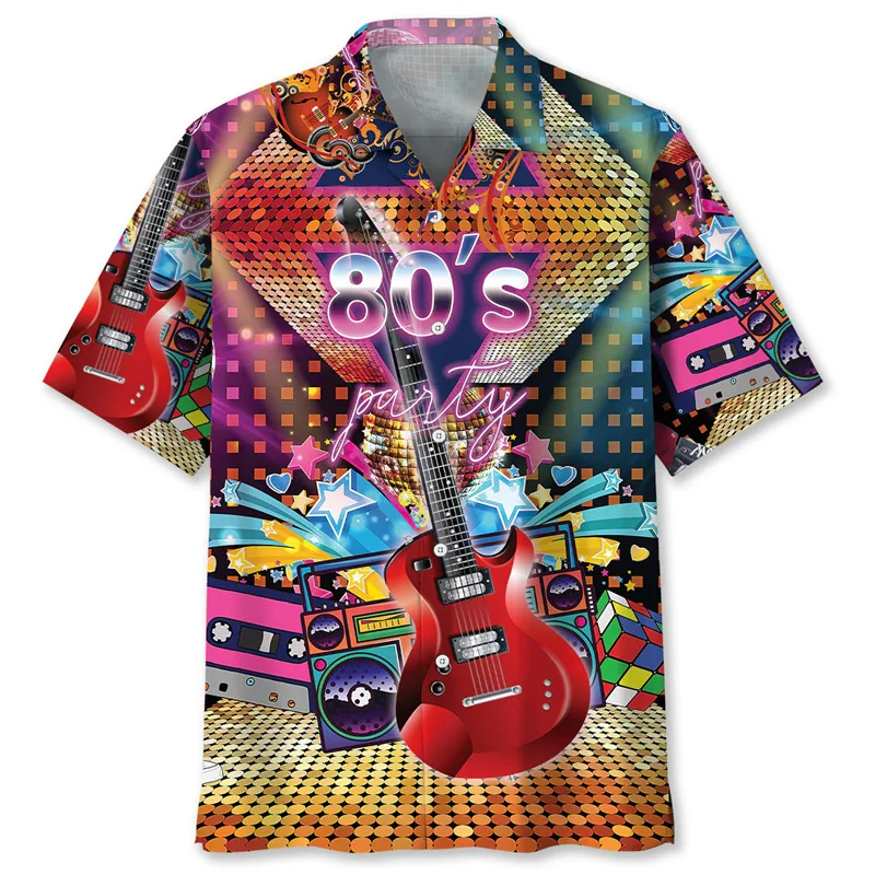 Tropical Hawaiian Guitar Shirt Summer 3D Printing Musical Instruments Short-Sleeved Blouse Street Music Lover 80s 90s Shirts