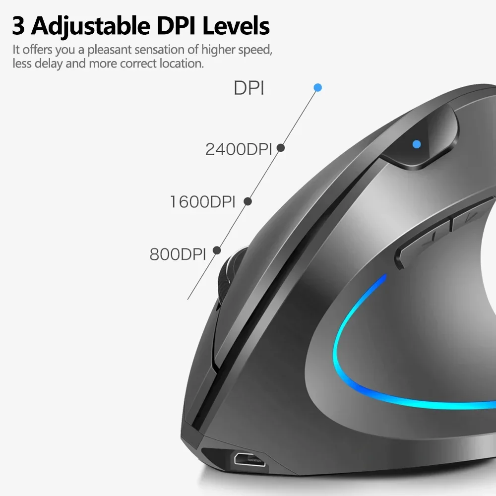 Bezprzewodowa mysz pionowa 2,4G, przenośna, ergonomiczna mysz z akumulatorem, 3 regulowane poziomy DPI, płynące światło RGB, mysz Plug N Play