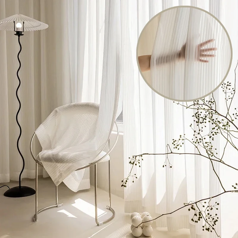 

1PC White Vertical Striped Curtain Luxury Chiffon Tulle Sheer Light Filtering Curtains for Modern Living Room Bedroom Balcony