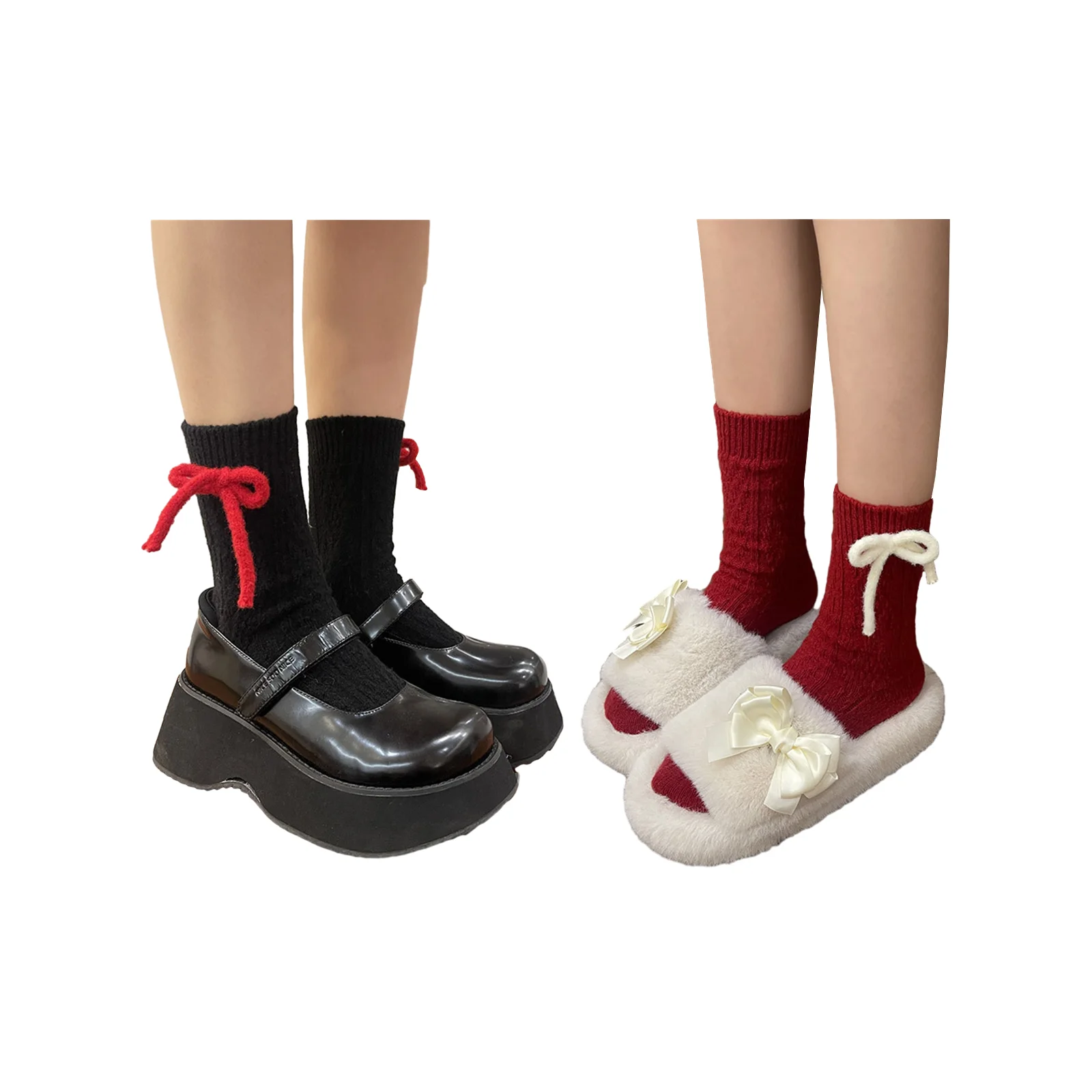 

Bow-tie deer velvet pile socks combination - 1 pair each of black and red