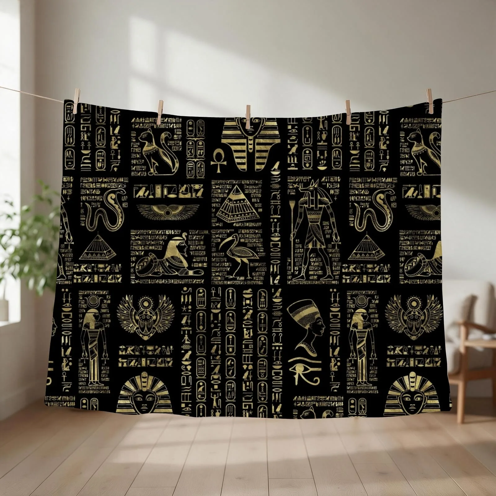 Egyptian hieroglyphs and deities gold on black Throw Blanket Beautifuls Winter beds Shaggy For Sofa Thin Blankets