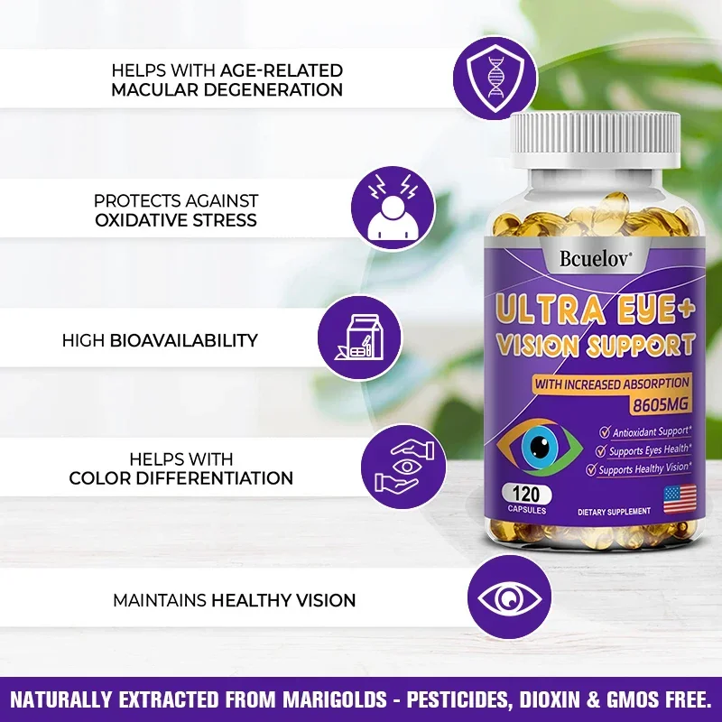 Eye Vitamins with A Blend of Lutein, Zeaxanthin and Bilberry Extract for Macular Fatigue, Dry Eyes and Vision Health in Adults