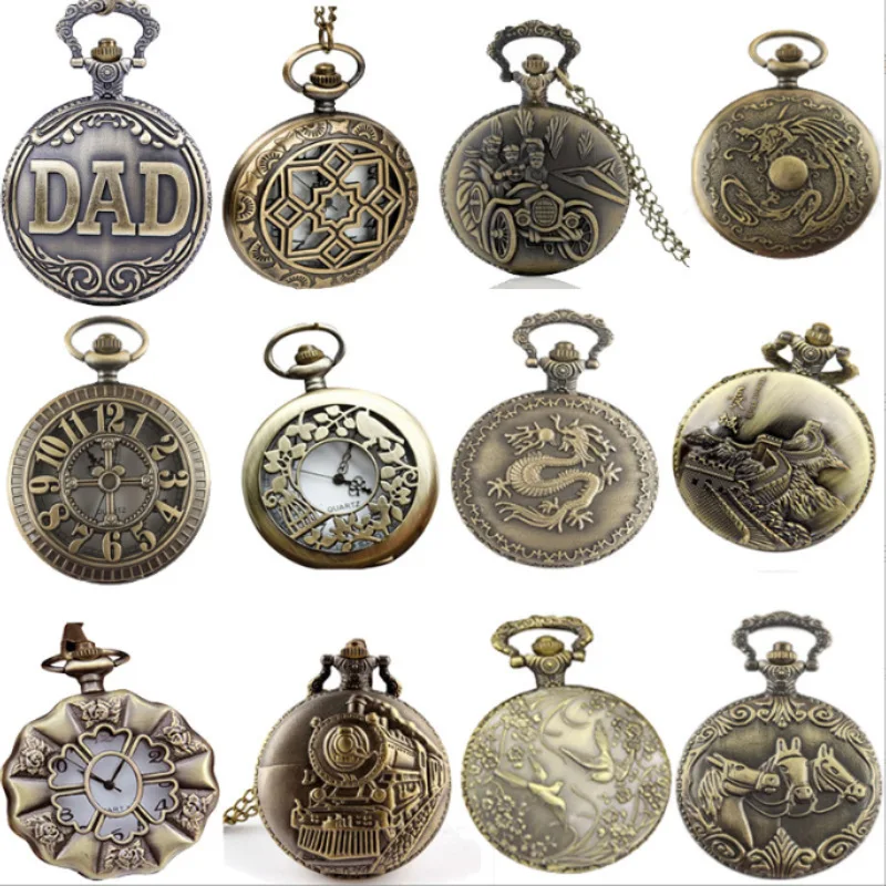 Vintage Luxury 12 Patterned Quartz Pocket Watch for Men Women Kids Fob Chain Bronze Laser Engrave Necklace Carving Pendant Clock