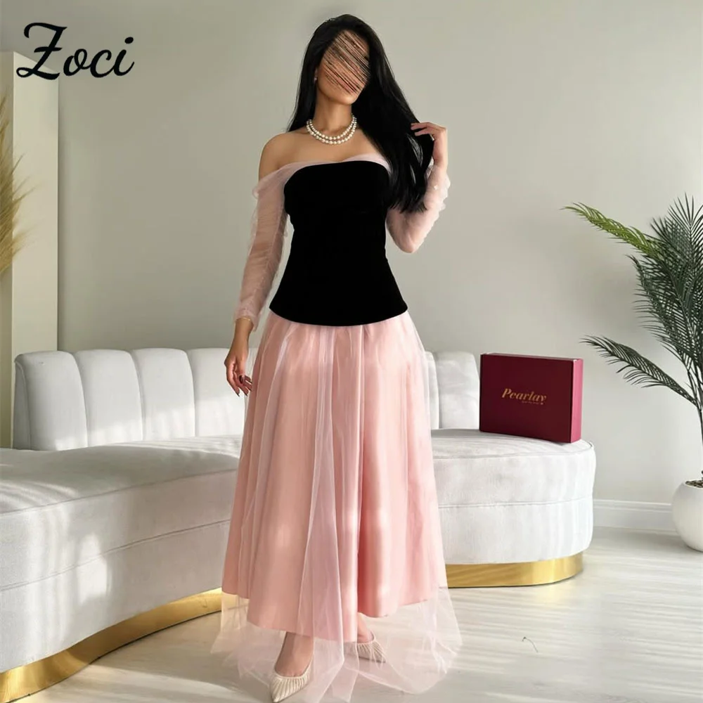 Zoci Elegant Black Top Prom Dresses Off Shoulder Velvet Tulle Mermaid Formal Party Gown Customized Saudi Arabric Pink Prom Gown