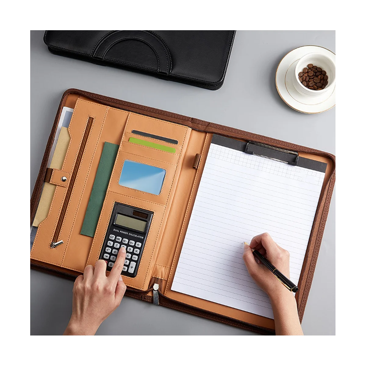 Leather Portfolio Folder with Zipper for Women/Men, Business Padfolio with Handle, Conference Notepad Folder Black