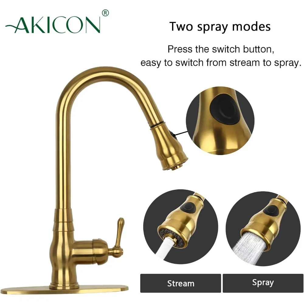 Single Level Solid Brass Pull-Down Kitchen Faucet with Deck Plate in Brushed Gold Finish