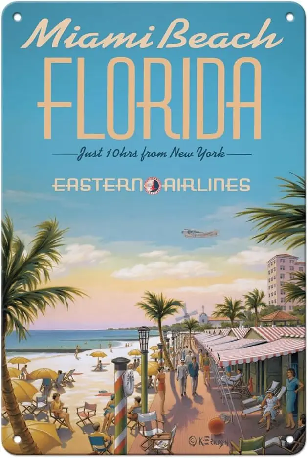 tuya Pacifica Island Art Miami Beach Florida - Eastern Airlines - New York'tan sadece 10 saat - Vintage Havayolu Seyahat Posteri K