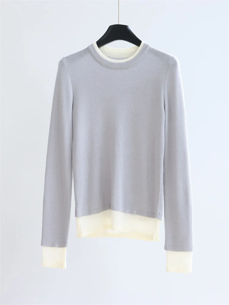 

Женский многослойный двухцветный вязаный свитер с длинным рукавом, пуловер с воротником-стойкой, модный зимний топ