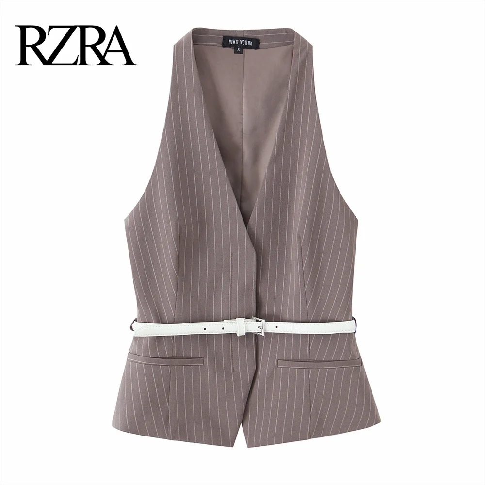 

2025 RZRA Spring New Women's Fashion Casual Temperament Solid Color with Belt Tank Top Sleeveless V-neck Top