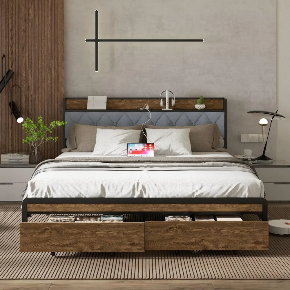 

Queen Size Metal Platform Bed Frame with 2 Storage Drawers & LED Light, Velvet Button-Tufted Headboard with Outlet & USB