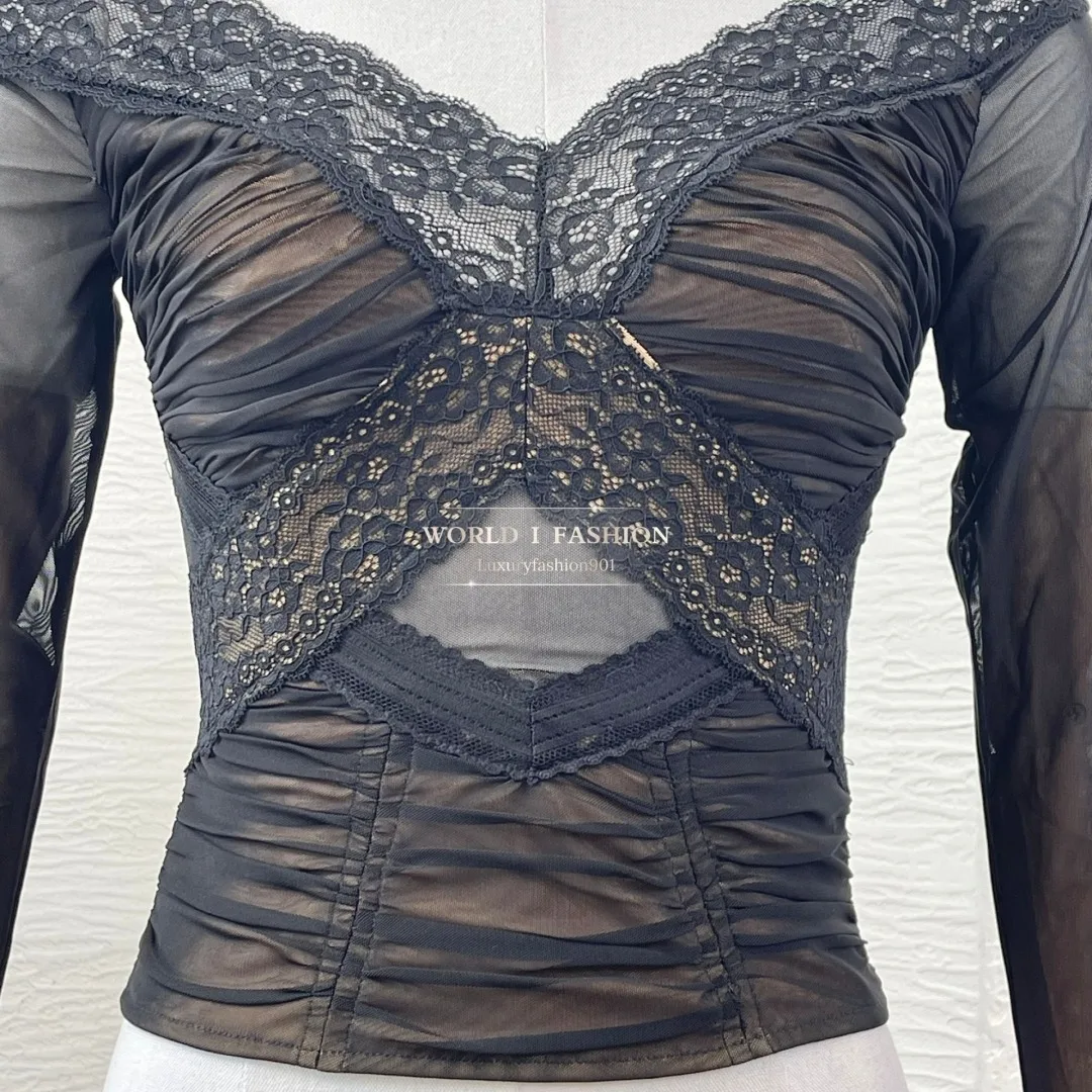 Black Lace Patchwork Long Sleeve Ruched Tulle Off The Shoulder Tops