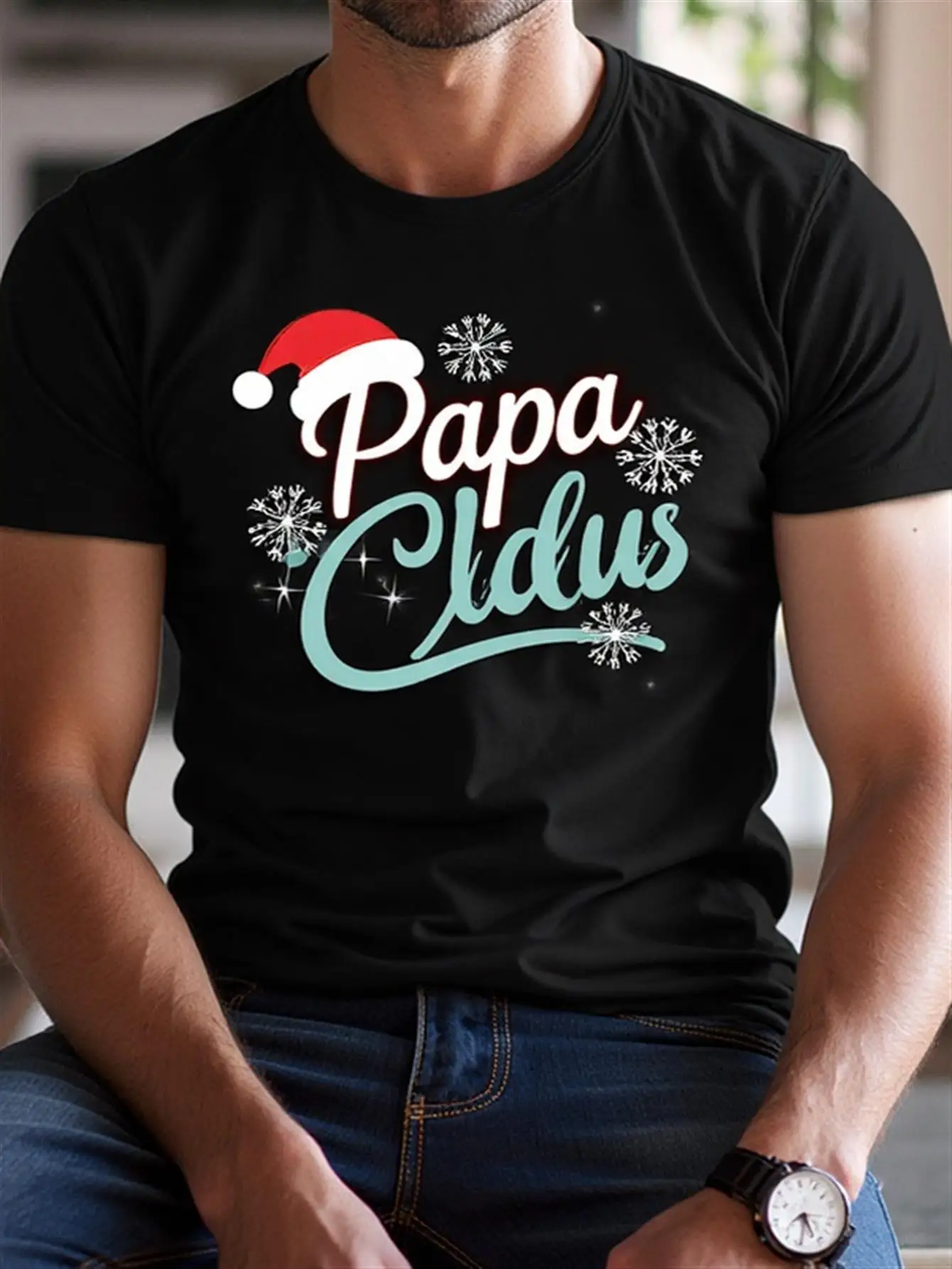 Men's Papa Claus Tee - Santa Hat/Snowflakes Graphic, Soft Knit Fabric, Black Crewneck, Perfect for Dad/Husband/Grandpa