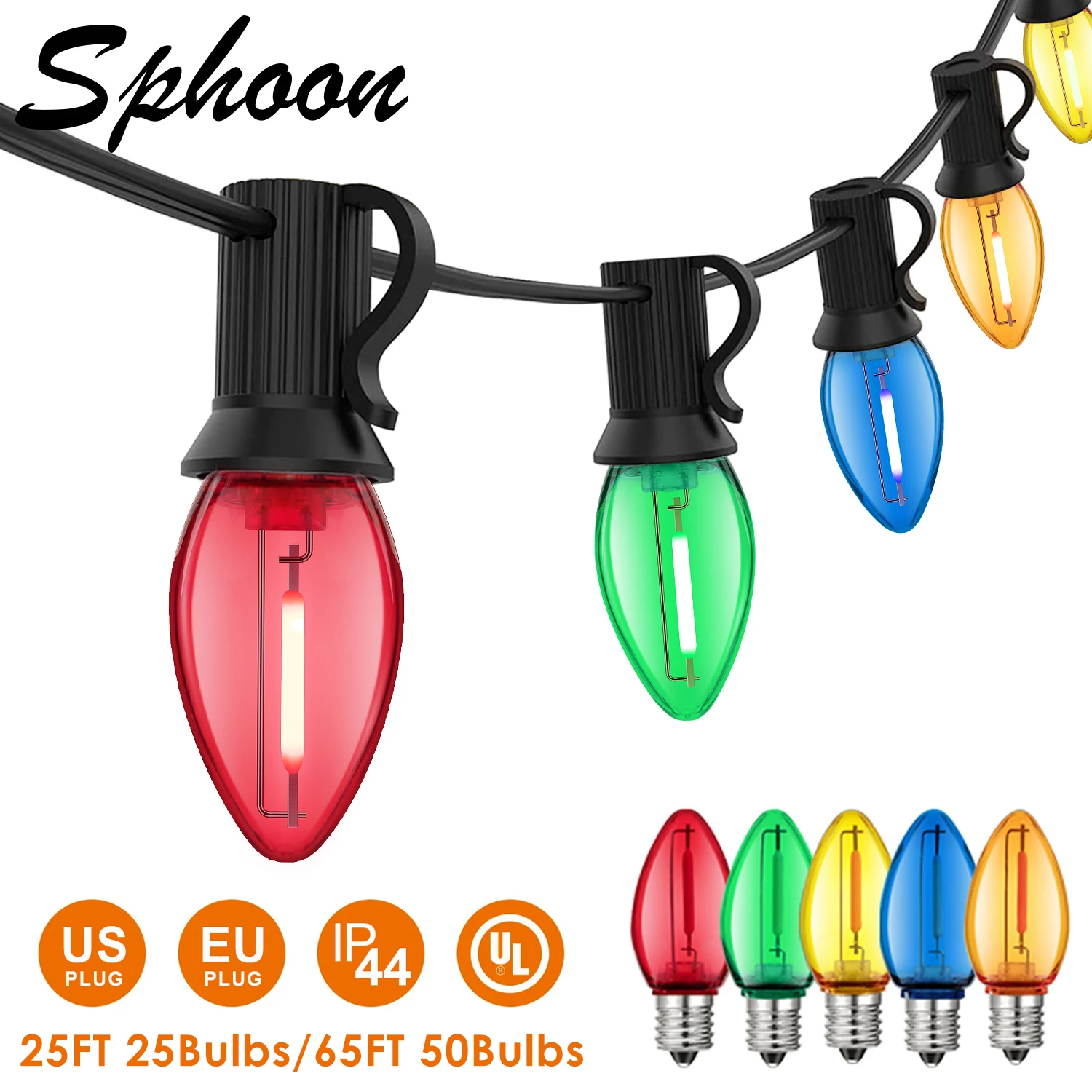

Multicolor Outdoor String Lights 25ft 65ft Plastic Shatterproof C7 Garland RGB Fairy Light Chain For Backyard Garden Decoration