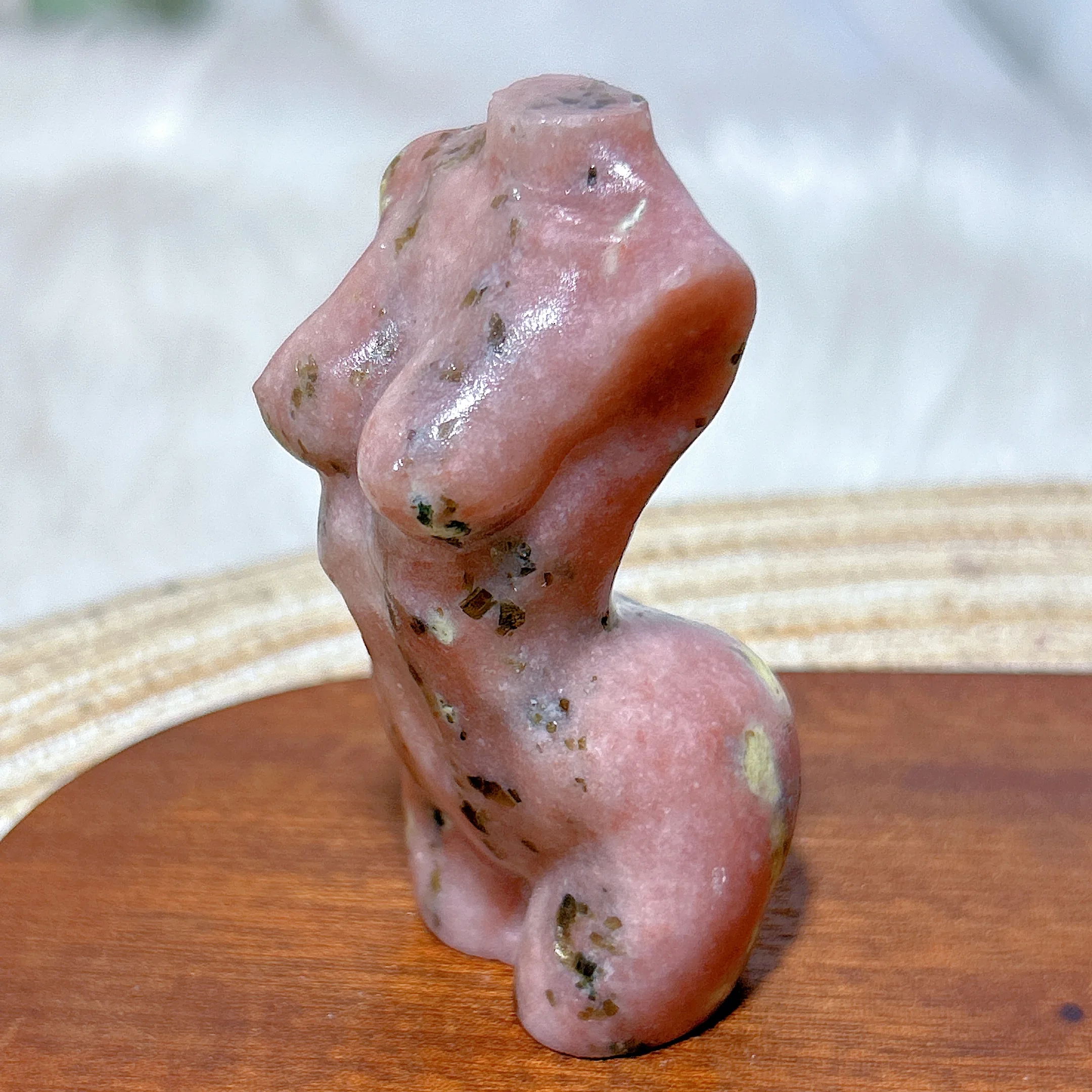 

Healing Natural Crystal Pink Moonstone With Green tourmaline Goddess Body Carving High Quality Gemstone Home Decorations Gift
