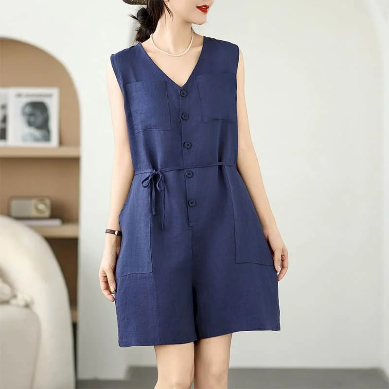 

Cotton Linen Jumpsuits Summer Sleeveless Casual Playsuits Age Reduction Loose Wide Leg Shorts One Piece Outfits Women Clothing