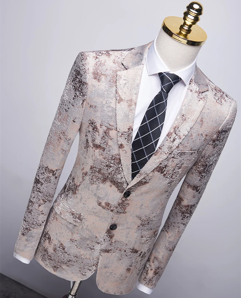 Fashion Jacquard Blazer For Men Light Brown Blue Floral Pattern Wedding Groom Prom Dress Suit Jacket Mens Casual Blazers Q821