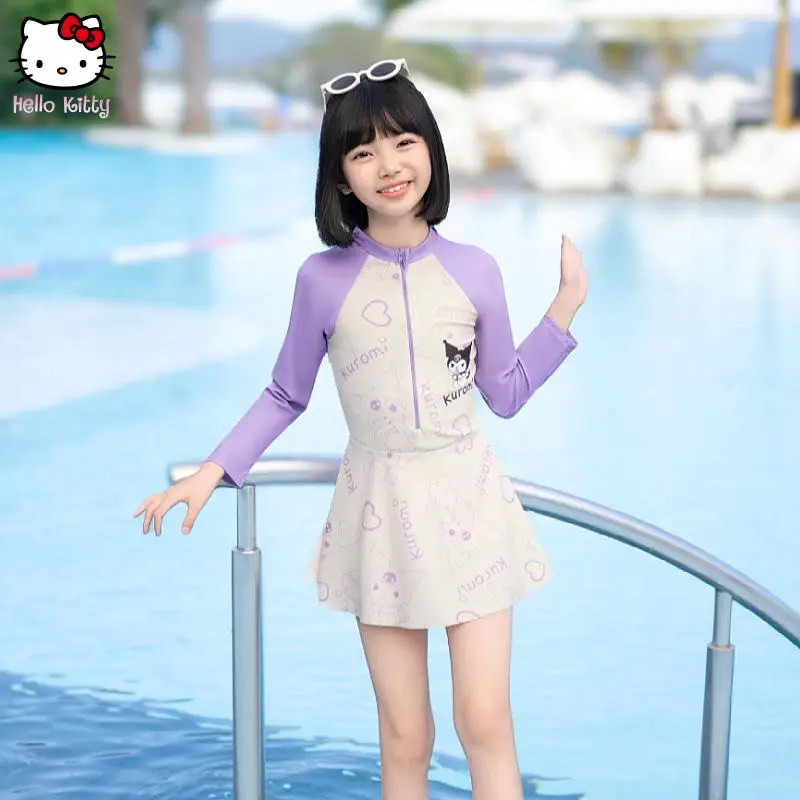 ملابس سباحة أنيقة للفتيات من Cinnamoroll بتنورة سانريو كورومي الجديدة بأكمام طويلة ورسوم كرتونية أنيمي سريعة الجفاف وقابلة للتنفس ملابس سباحة للشاطئ
